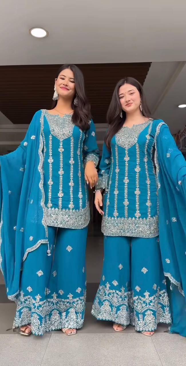 Royal Cerulean Silver-Embroidered Sharara Set